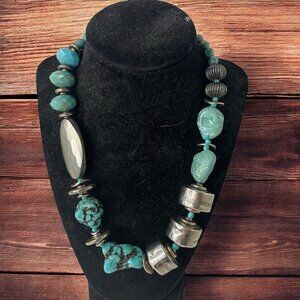 Tresk Handcrafted Frieda Turquoise Silver Tone Beads Statement Necklace Chunky‎